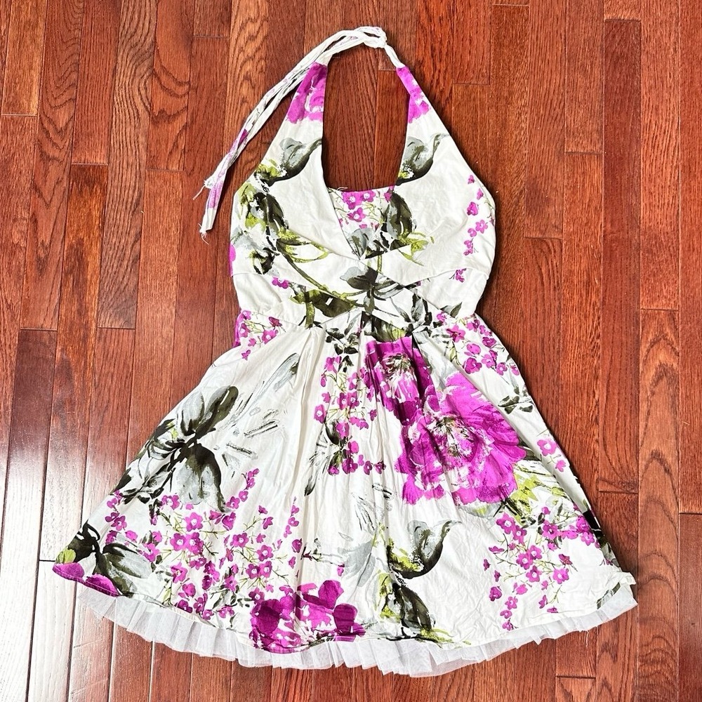 Ruby Rox White Purple Floral Halter Neck Feminine Puffy Simple Elegant Dress